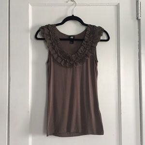 Taupe ruffle-neck tank